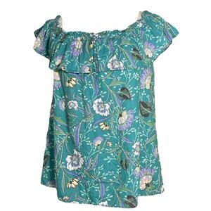 Loft Women's Top Size S Teal Floral Print Ruffles Linen Blend